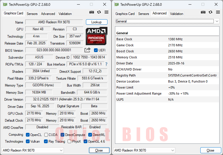 Asus TUF RX 9070 O16G Gaming GPUZ; Quiet BIOS
