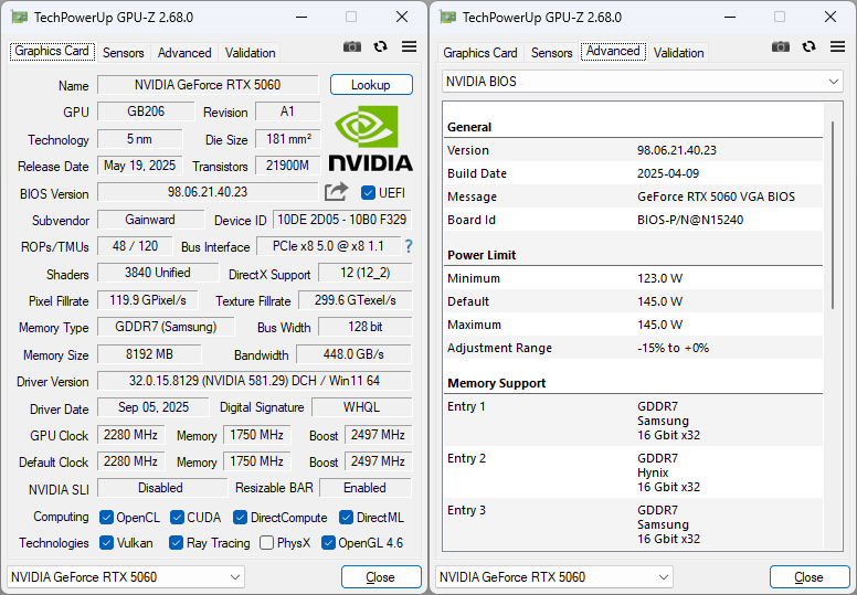 Gainward RTX 5060 PHYTON III 8G GPUZ