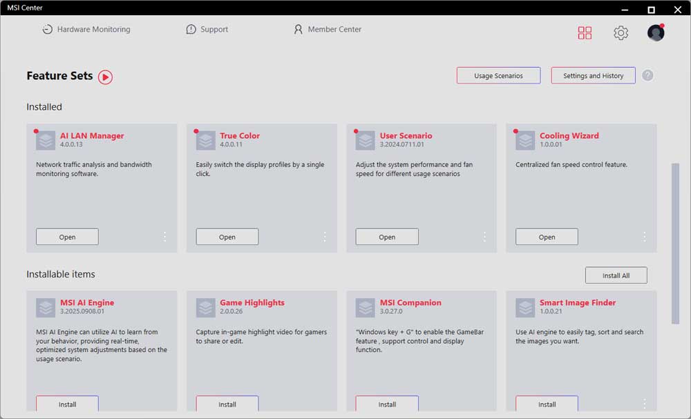 MSI Center; Feature Sets