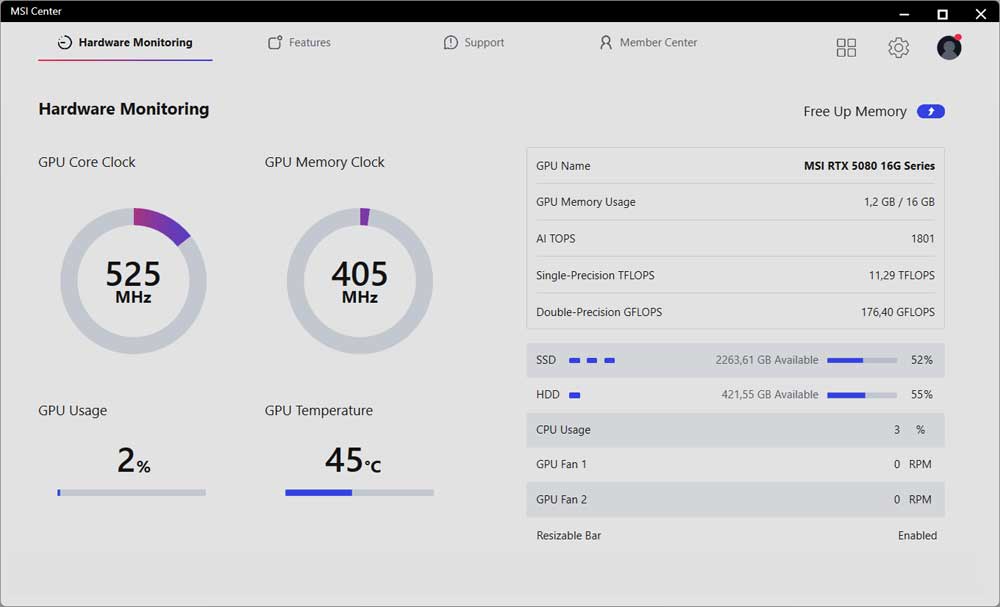 MSI Center; Hardware Monitoring