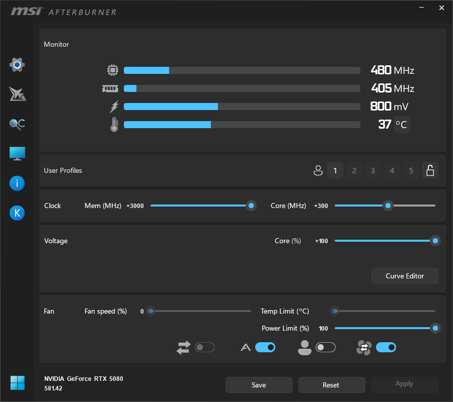MSI RTX 5080 16G VENTUS 3X OC PLUS; přetaktování