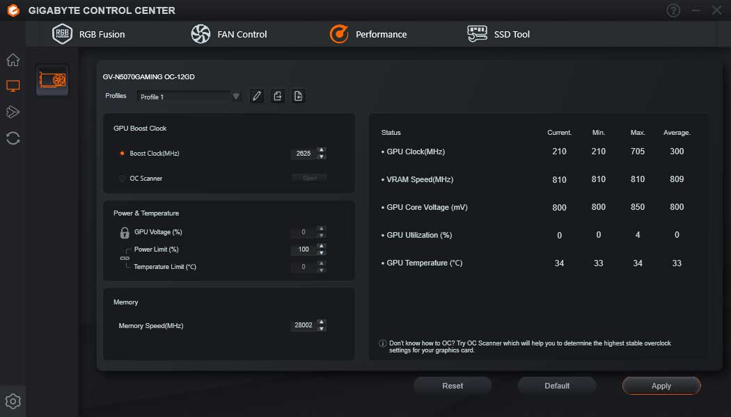 Pro zvětšení klikni Gigabyte Control Center; Performance
