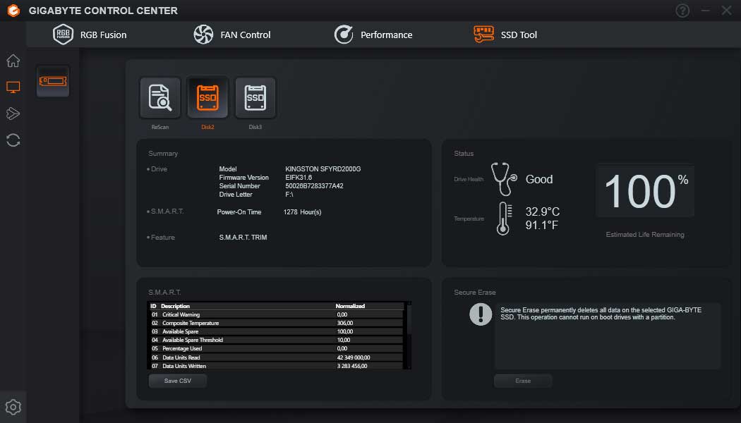 Pro zvětšení klikni Gigabyte Control Center; SSD Tool
