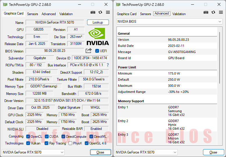 Pro zvětšení klikni Gigabyte RTX 5070 GAMING OC 12G GPUZ; Performance BIOS