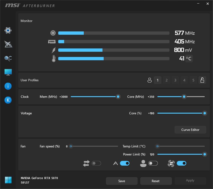 Gigabyte RTX 5070 GAMING OC 12G; přetaktování