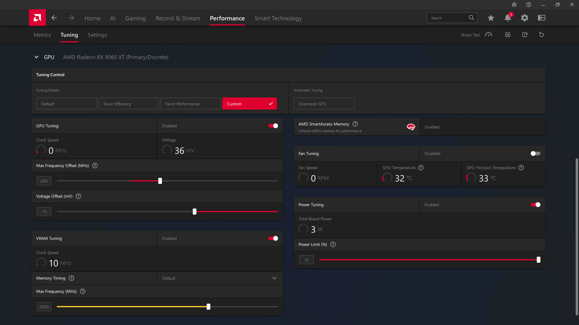Sapphire NITRO+ RX 9060 XT GAMING OC 16G; ASAE přetaktování