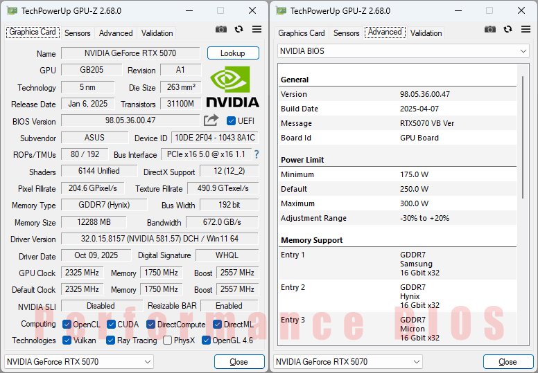 Asus PRIME RTX 5070 O12G WHITE GPUZ; Performance BIOS