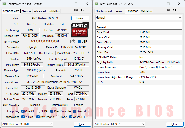 Gigabyte RX 9070 GAMING OC 16G GPUZ; Performance BIOS