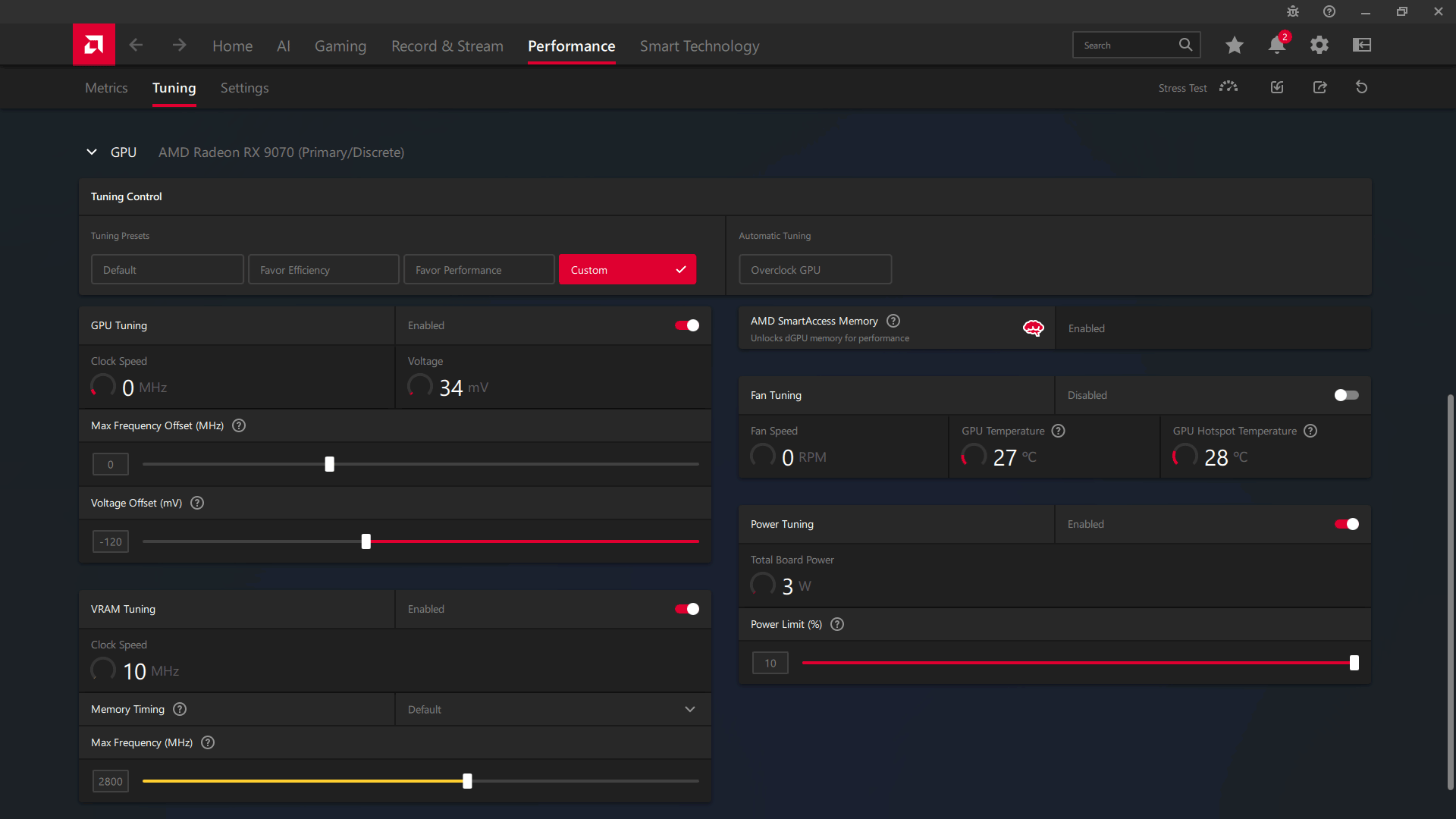 Gigabyte RX 9070 GAMING OC 16G; ASAE přetaktování
