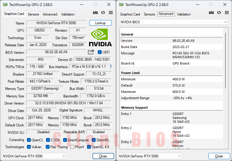 MSI RTX 5090 32G SUPRIM SOC GPUZ; Silent BIOS