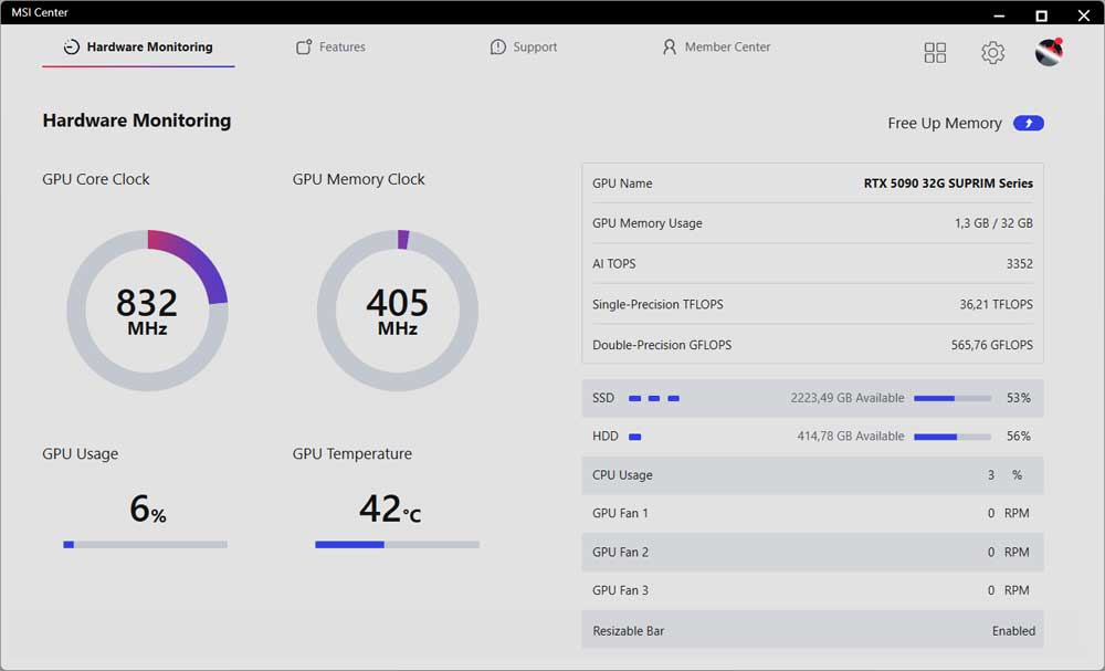 MSI Center; Hardware Monitoring
