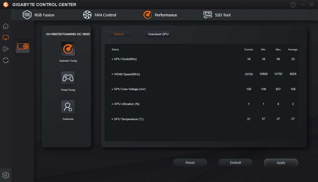 Pro zvětšení klikni Gigabyte Control Center; Performance