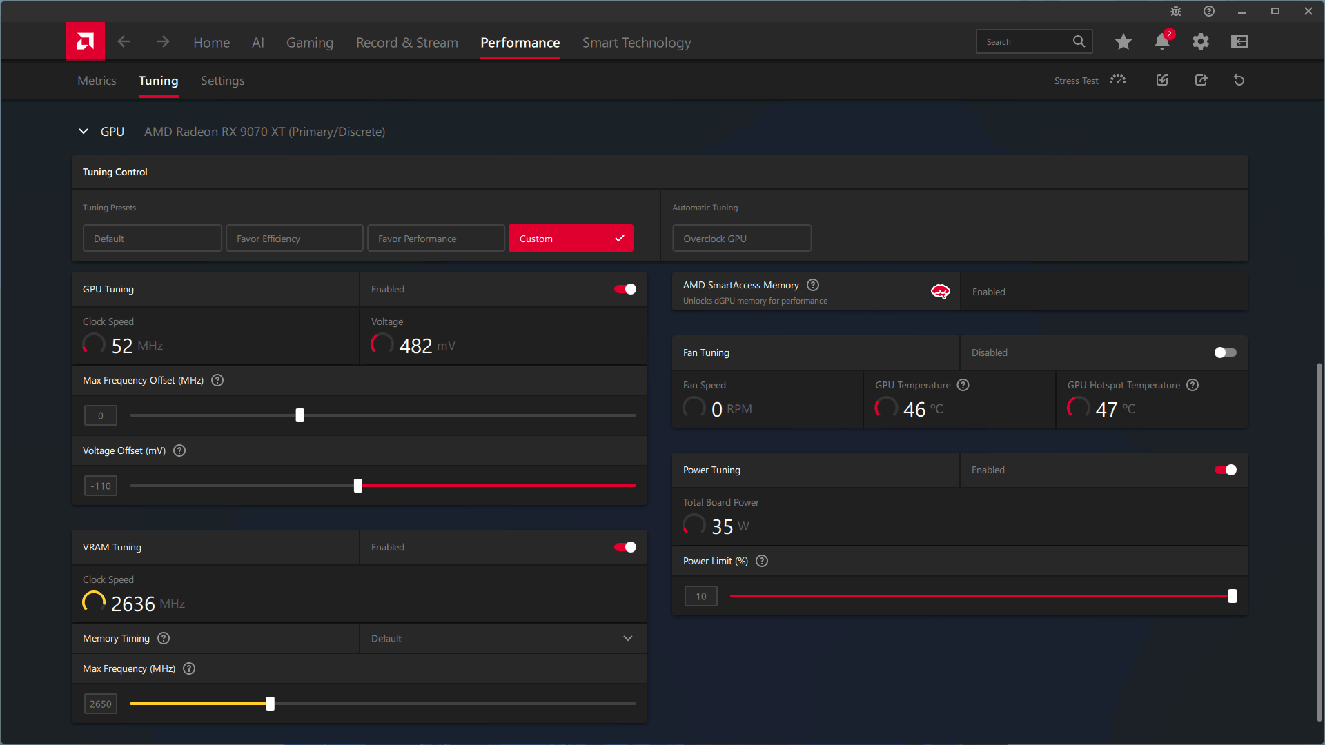 Gigabyte RX 9070 XT GAMING OC 16G; ASAE přetaktování