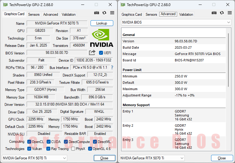 PALiT RTX 5070 Ti GamingPro-S OC 16G GPUZ; Performance BIOS
