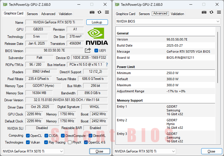 PALiT RTX 5070 Ti GamingPro-S OC 16G GPUZ; Silent BIOS