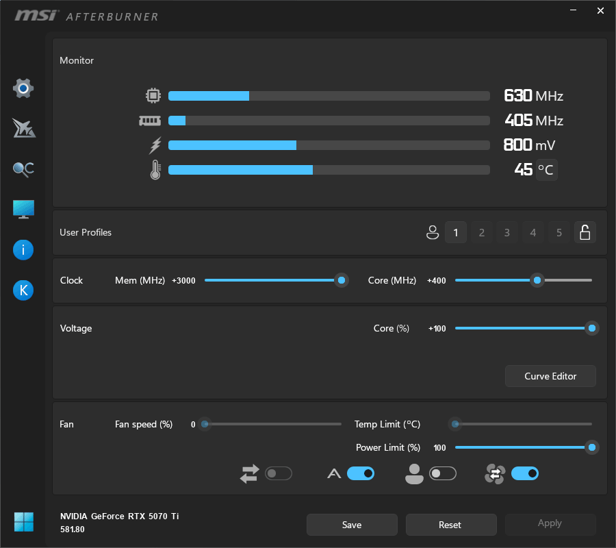 PALiT RTX 5070 Ti GamingPro-S OC 16G; přetaktování