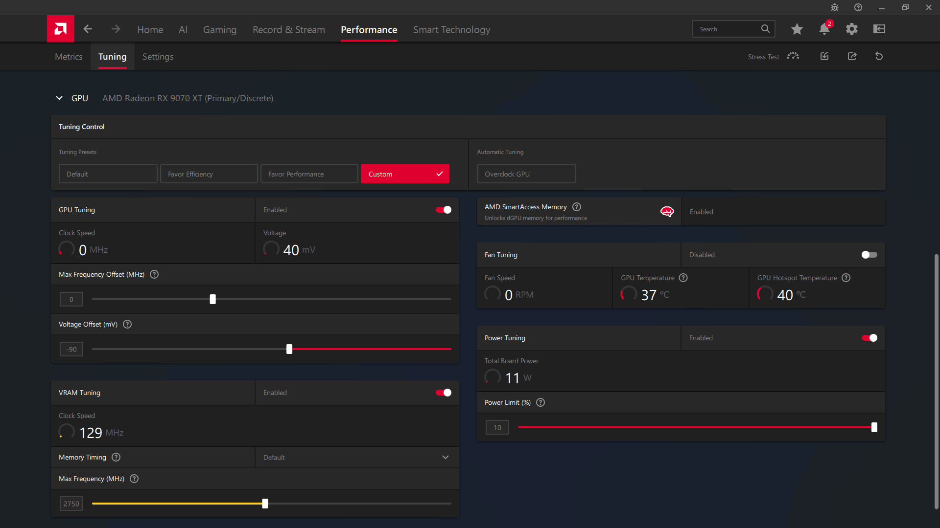 XFX Mercury RX 9070 XT OC Magnetic Air 16G; ASAE přetaktování
