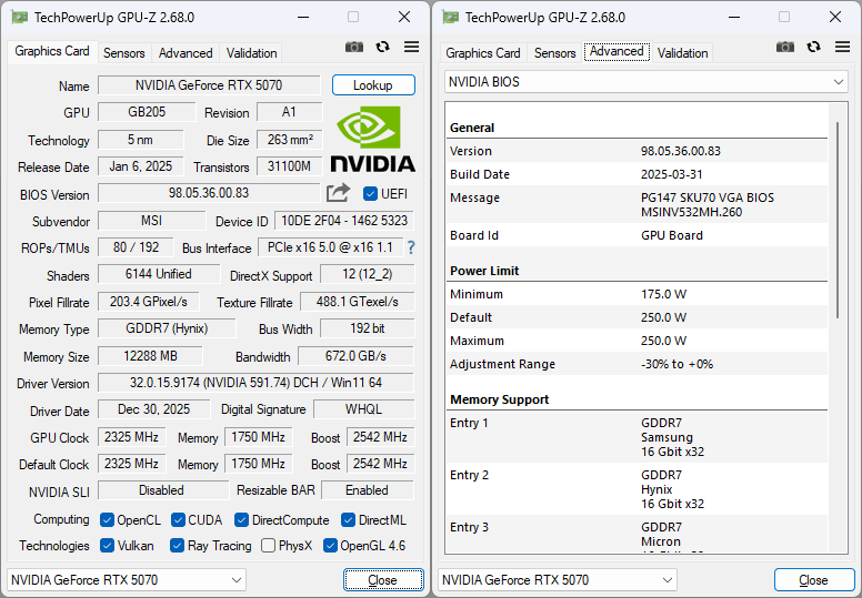 Pro zvětšení klikni MSI RTX 5070 12G VENTUS 2X OC WHITE GPUZ
