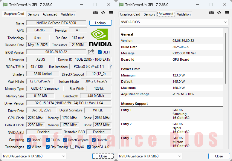Asus DUAL RTX 5060 O8G GPUZ; Performance BIOS
