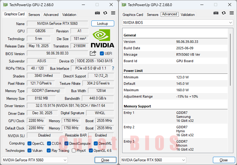 Asus DUAL RTX 5060 O8G GPUZ; Quiet BIOS