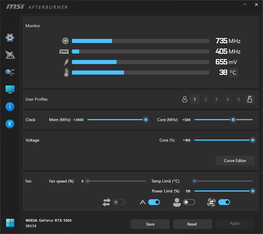 Asus DUAL RTX 5060 O8G; přetaktování