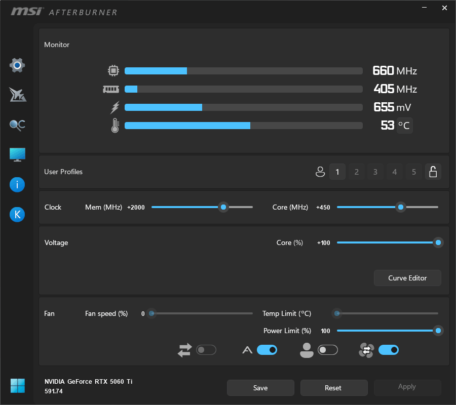 PALiT RTX 5060 Ti Infinity 3 16G; přetaktování