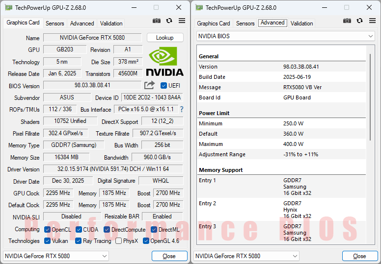 Asus ProArt RTX 5080 O16G GPUZ; Performance BIOS