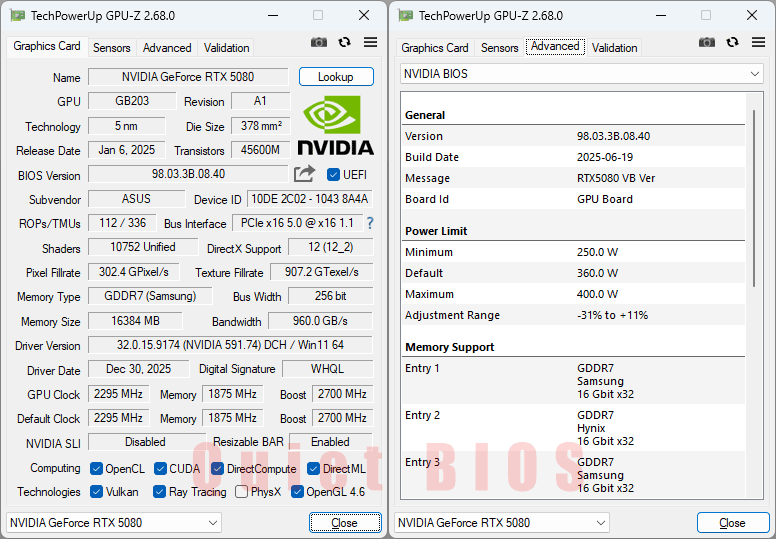 Asus ProArt RTX 5080 O16G GPUZ; Quiet BIOS