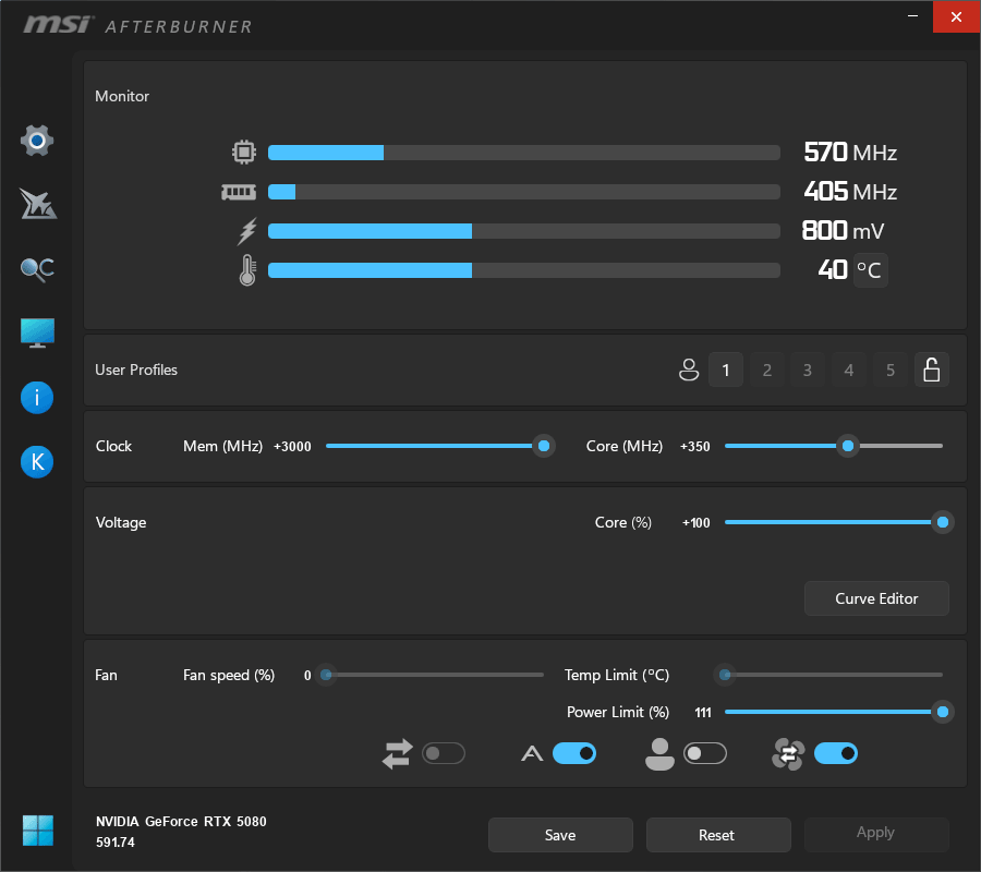 Asus ProArt RTX 5080 O16G; přetaktování