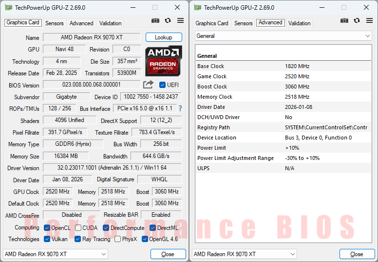 Gigabyte RX 9070 XT GAMING OC ICE 16G GPUZ; Performance BIOS
