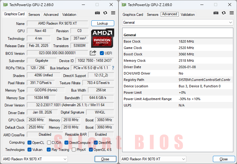 Gigabyte RX 9070 XT GAMING OC ICE 16G GPUZ; Silent BIOS