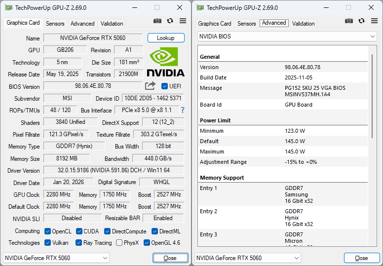 MSI RTX 5060 8G VENTUS 2X OC GPUZ