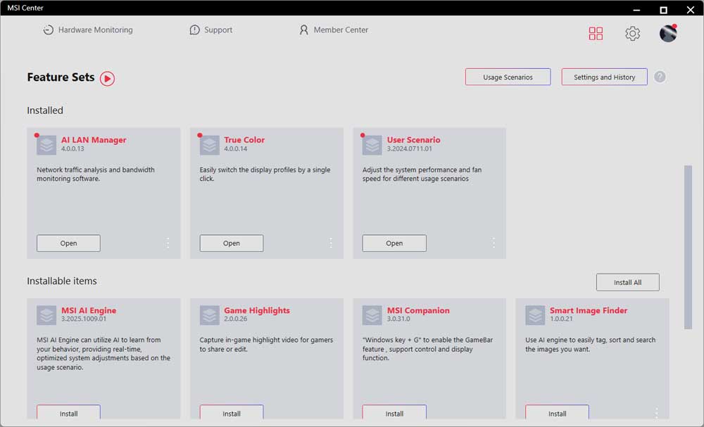 MSI Center; Feature Sets