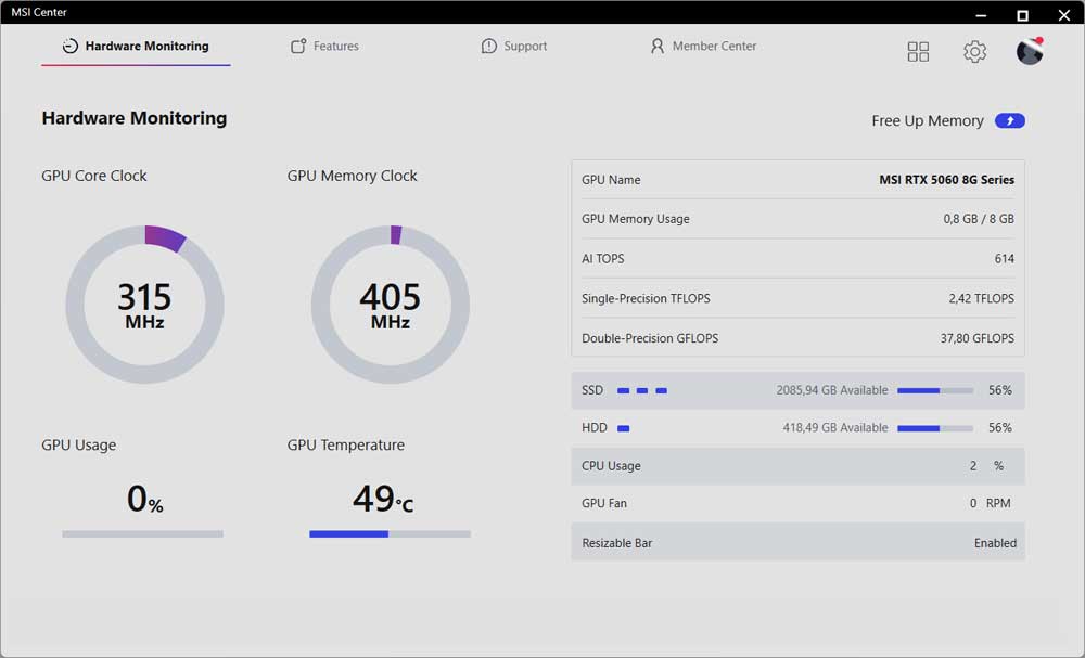 MSI Center; Hardware Monitoring