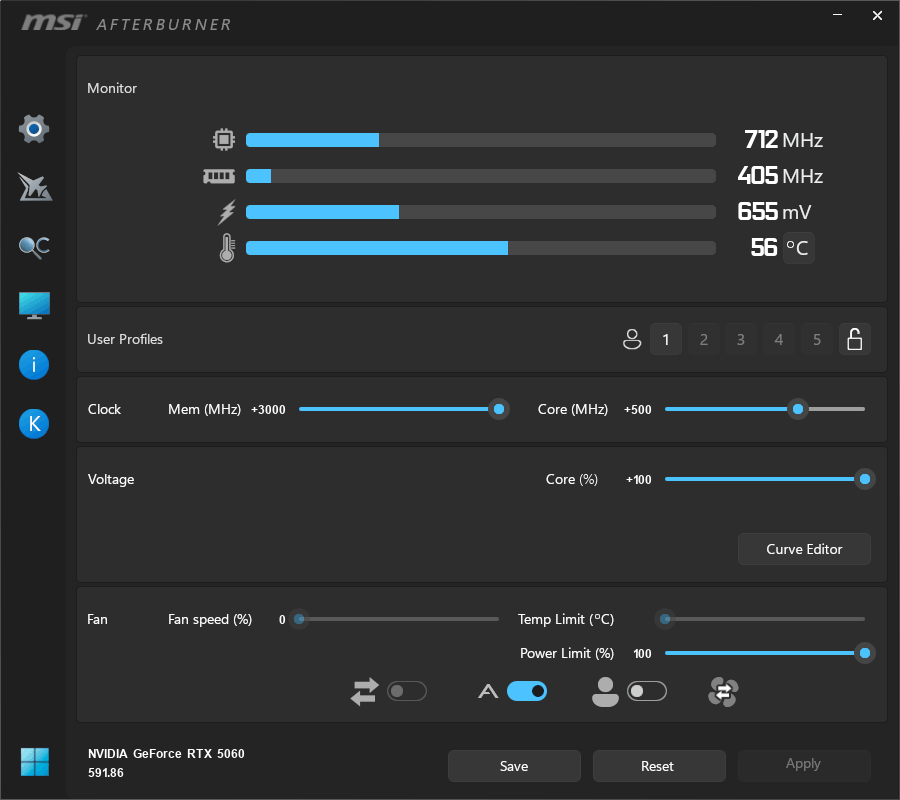 MSI RTX 5060 8G VENTUS 2X OC; přetaktování