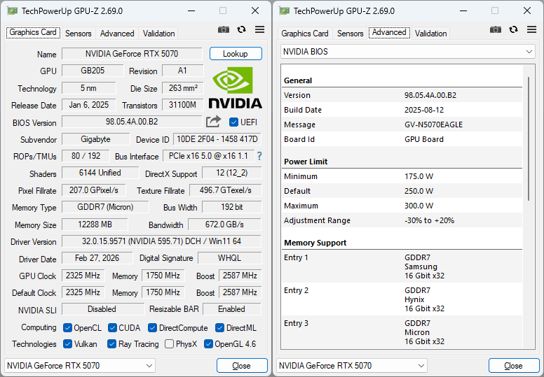 Gigabyte RTX 5070 EAGLE OC SFF 12G GPUZ