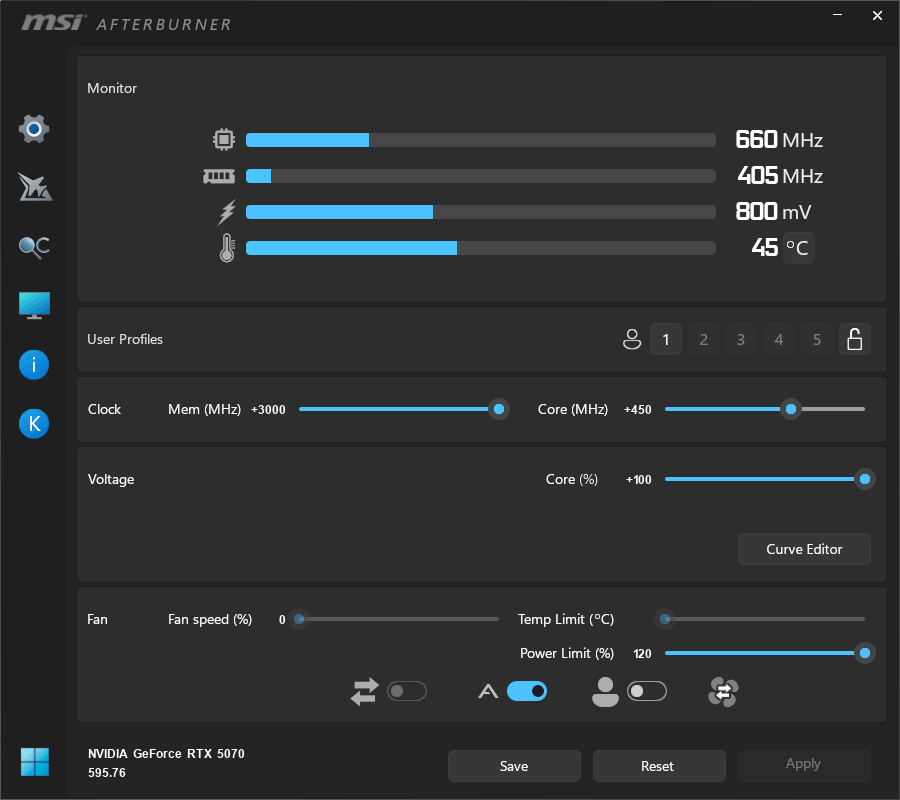 Gigabyte RTX 5070 EAGLE OC SFF 12G; přetaktování