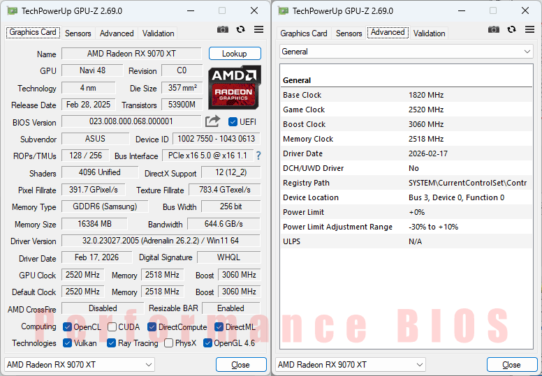 Asus TUF RX 9070 XT O16G Gaming GPUZ; Performance BIOS