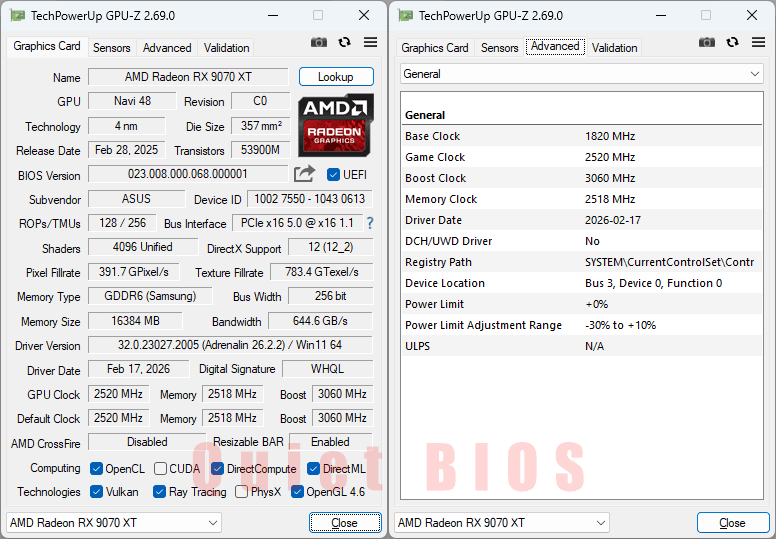 Asus TUF RX 9070 XT O16G Gaming GPUZ; Quiet BIOS