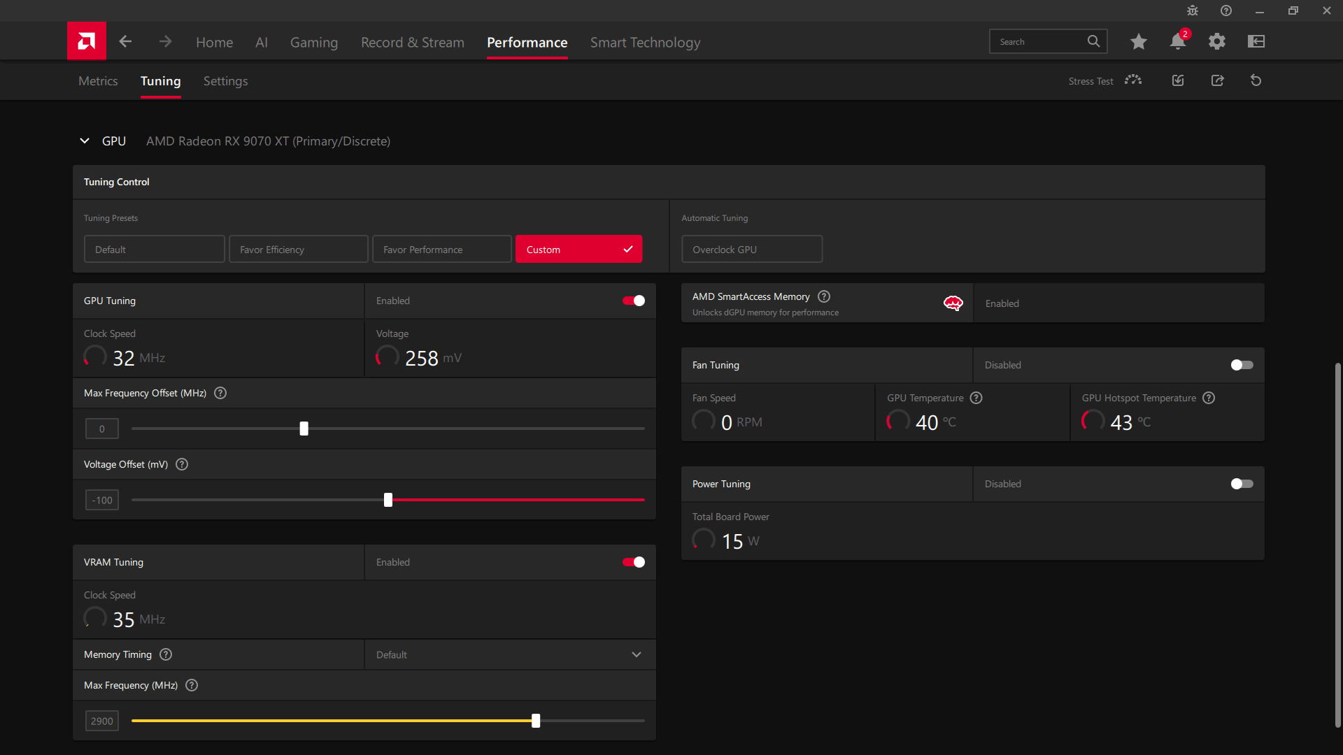 Asus TUF RX 9070 XT O16G Gaming; ASAE přetaktování