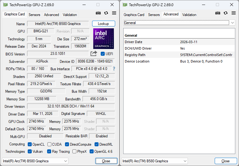 Pro zvětšení klikni ASRock ARC B580 Challenger 12G OC GPUZ