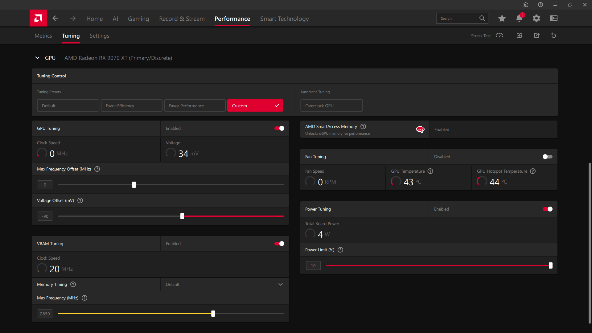 Sapphire PULSE RX 9070 XT GAMING 16G; ASAE přetaktování