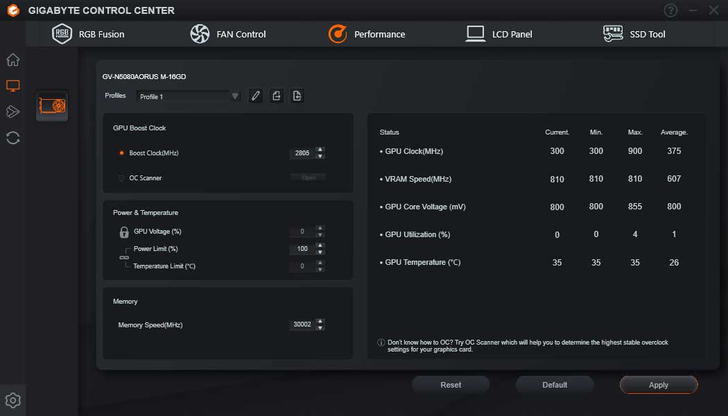 Gigabyte Control Center; Performance