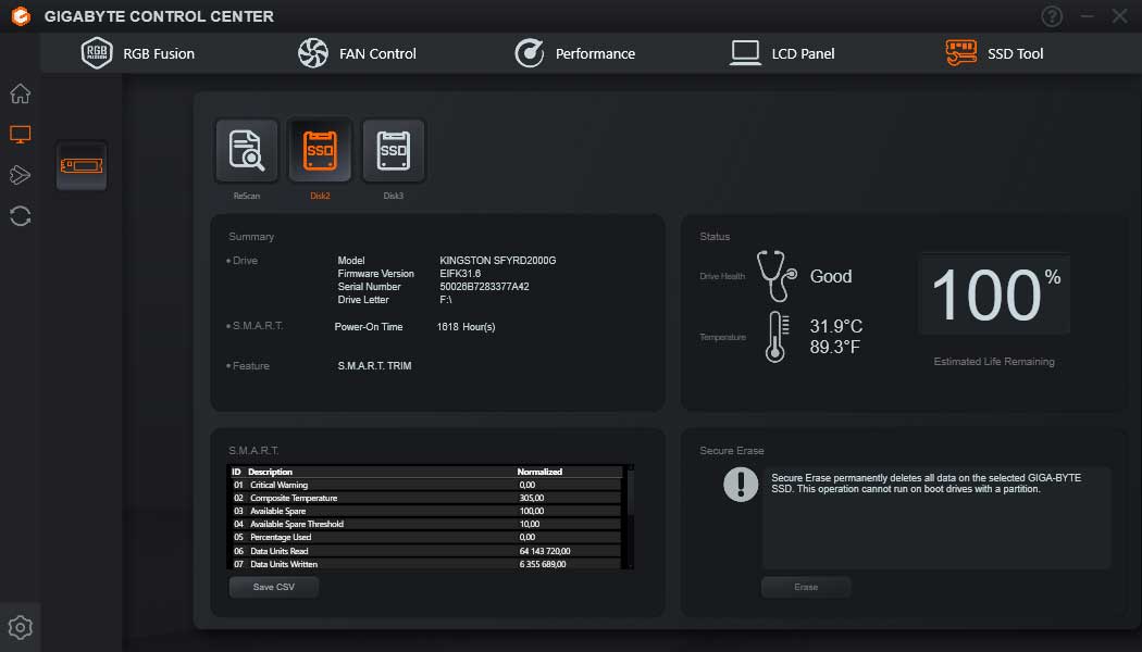 Gigabyte Control Center; SSD Tool