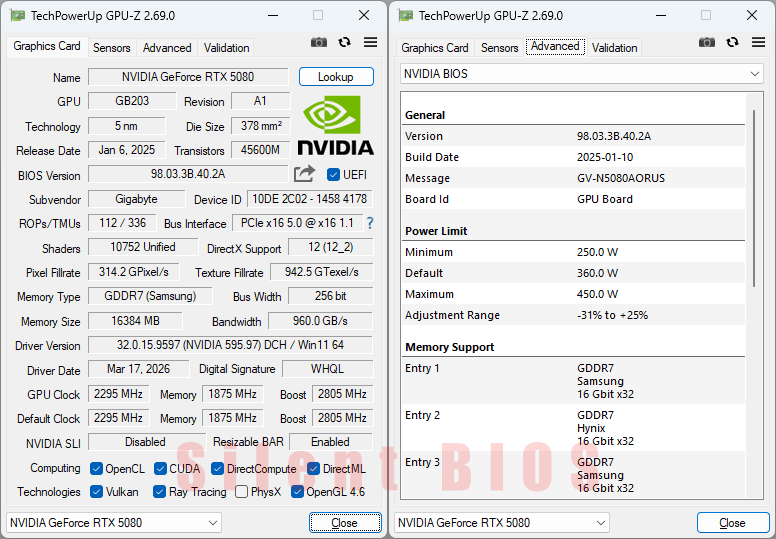 Gigabyte AORUS RTX 5080 MASTER 16G GPUZ; Silent BIOS