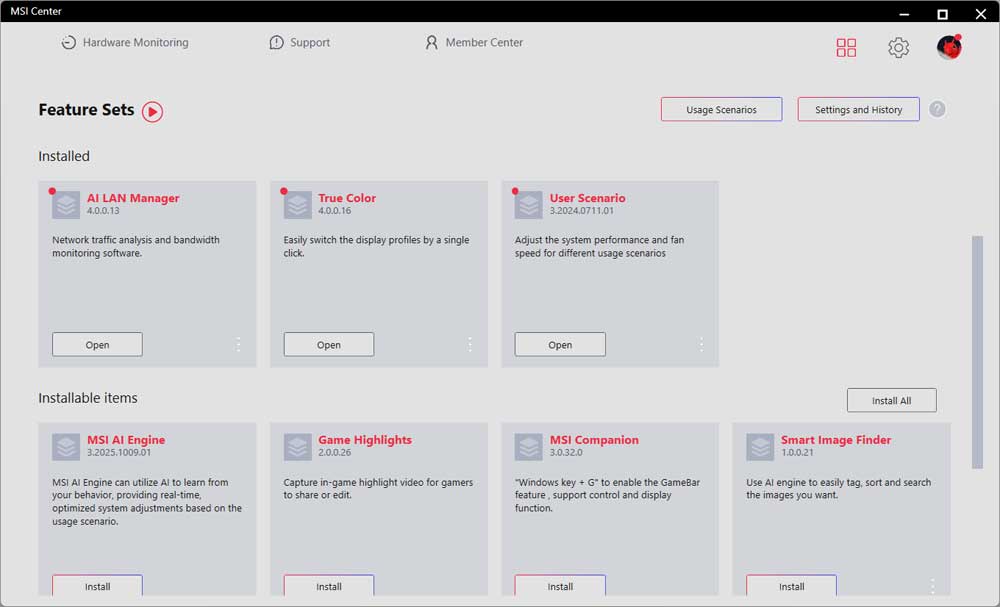 MSI Center; Feature Sets