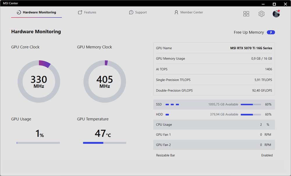 MSI Center; Hardware Monitoring