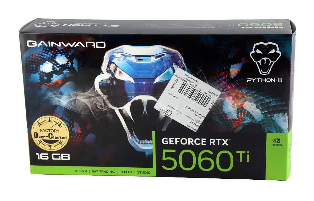 Pro zvětšení klikni Gainward RTX 5060 Ti PYTHON III OC 16G; balení