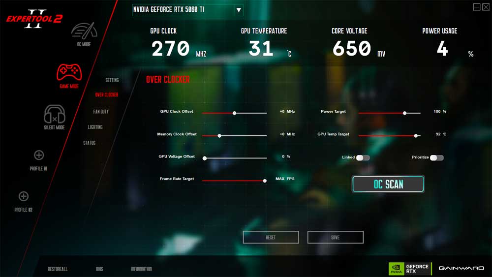 Gainward RTX 5060 Ti PYTHON III OC 16G; ExperTool - OVERCLOCKER