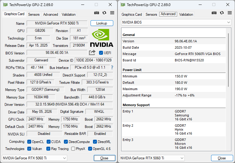 Pro zvětšení klikni Gainward RTX 5060 Ti PYTHON III OC 16G GPUZ